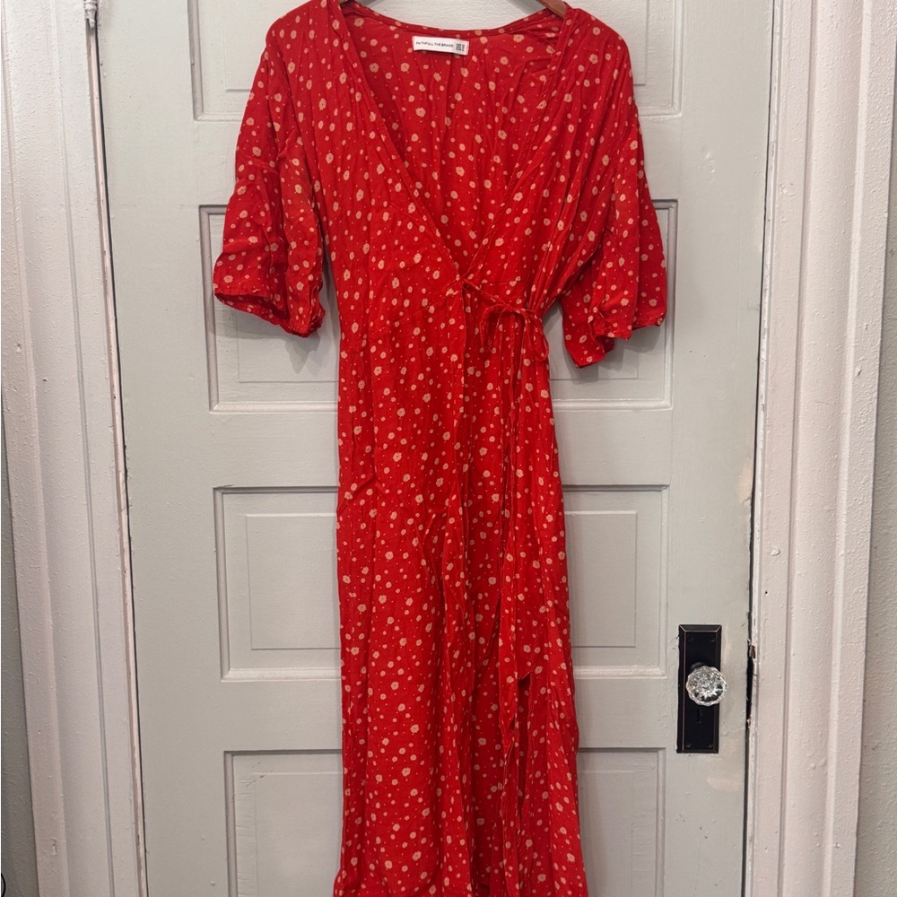 Faithfull the Brand Red Midi Wrap Dress with Cream Dot Pattern